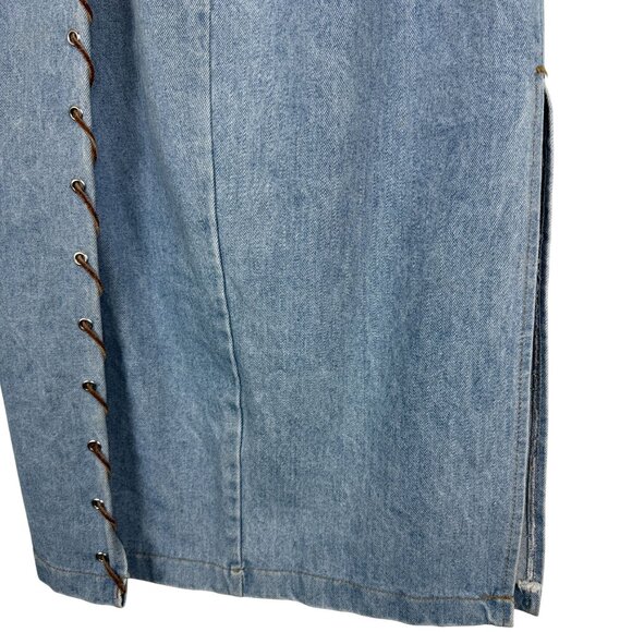 Vtg Be Bop Denim Maxi Skirt Sz 11 Leather Cord Whip Stitch Wrap Detail Lt Wash - Picture 5 of 9